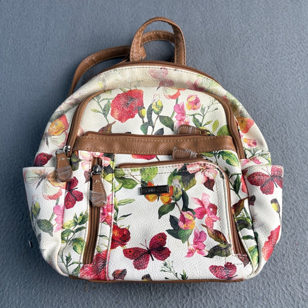 MultiSac Floral Butterfly Mini Backpack White Tan Faux Leather Multi Pocket Bag